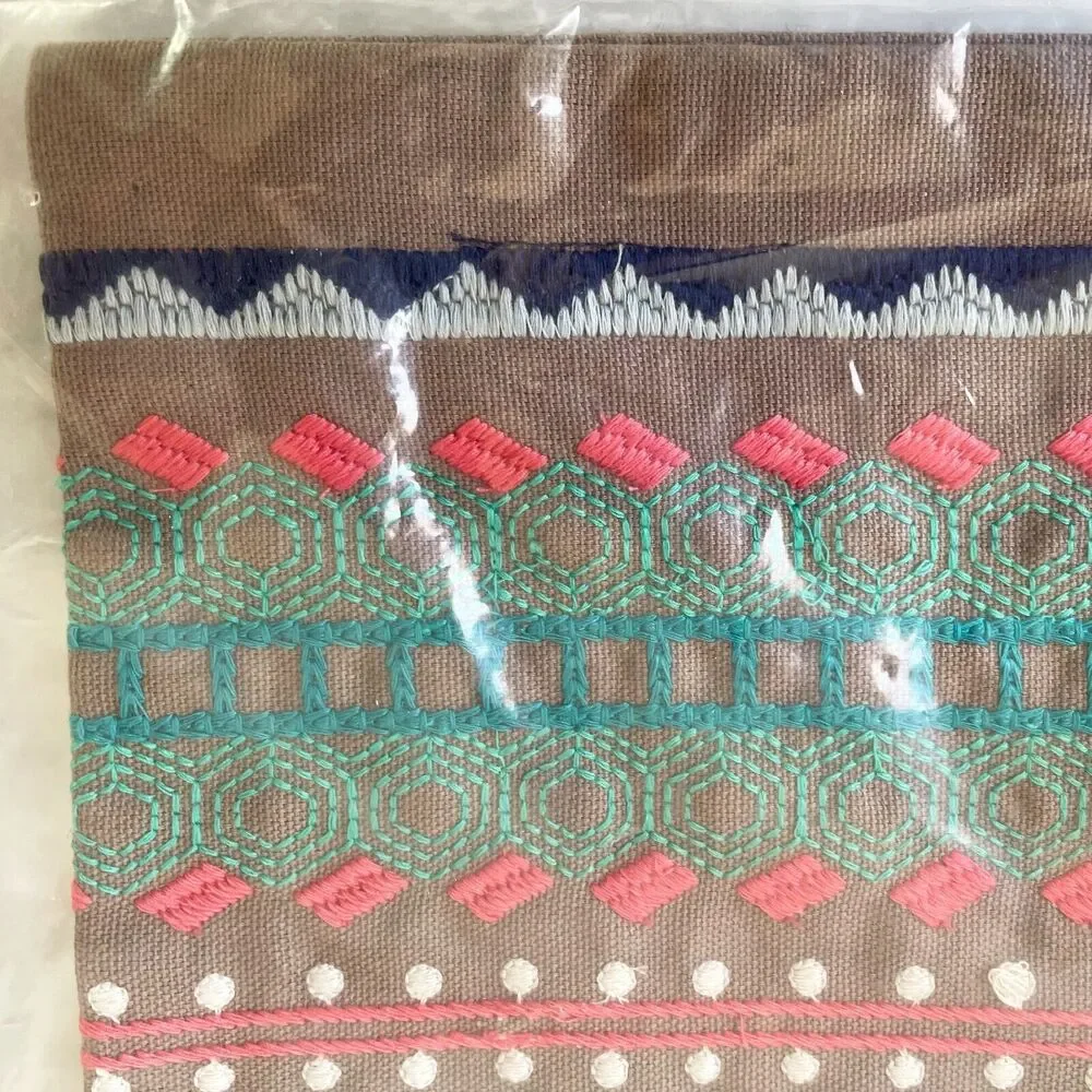 West Elm Throw Pillow Cover Southwest Embroidered Taupe Pink Turquoise 15 x 16
